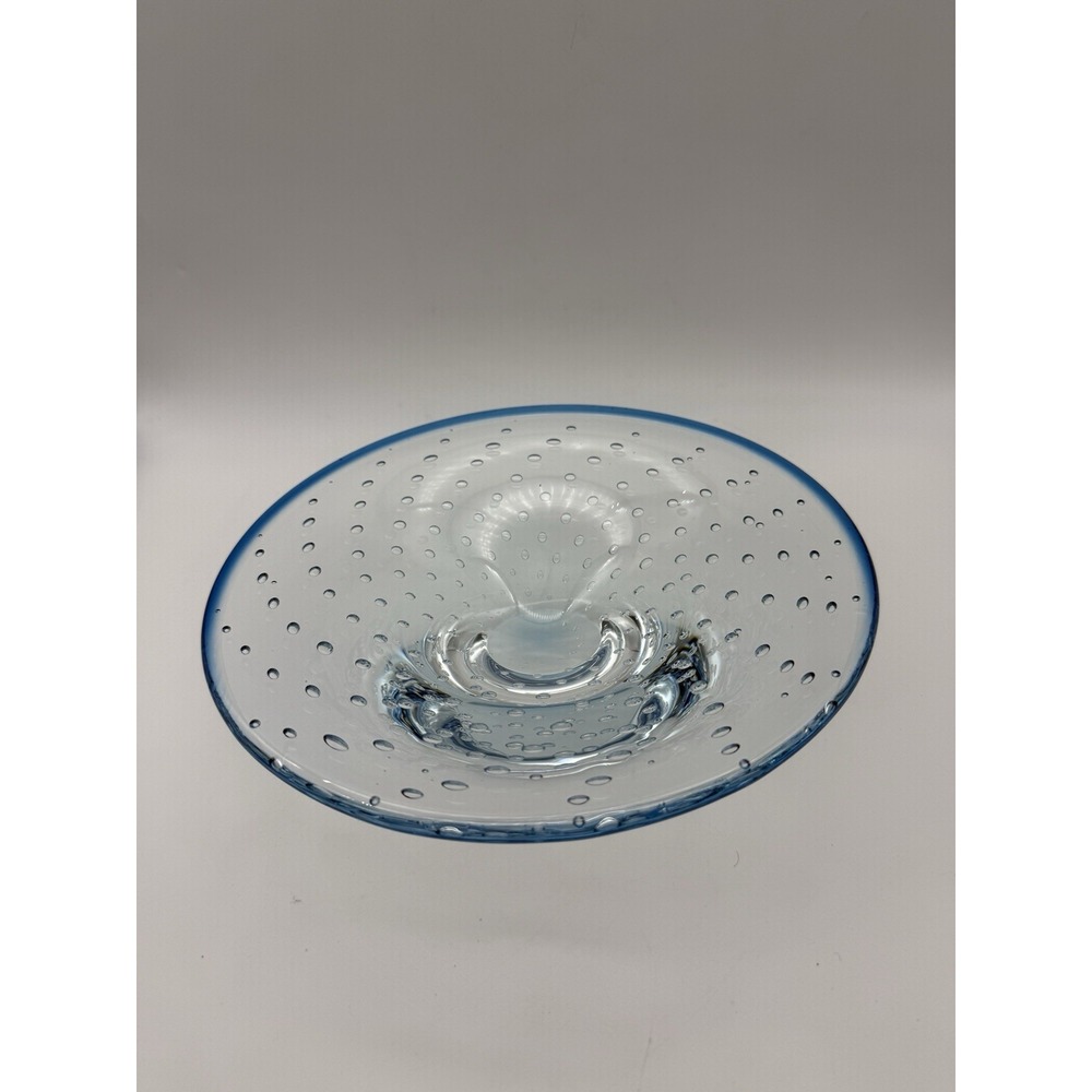 Vintage Blue Art Glass Bowl Controlled Bubbles Bullicante Poland Pedestal 8.75"